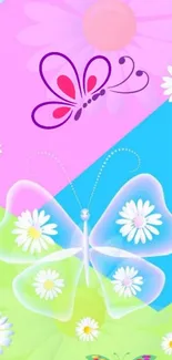 Vibrant wallpaper with butterflies and daisies in pastel colors.