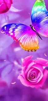 Vibrant butterfly with pink roses on a purple background.