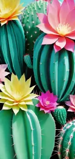 Vibrant wallpaper with blooming cacti and colorful flowers.