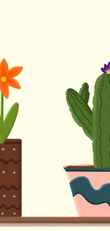 Colorful cactus and flower illustration on a cream background.