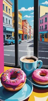 A colorful café scene with donuts and coffee by a lively street view.