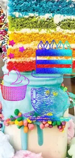 Colorful rainbow cake atop ice cream with artistic design elements.