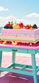 Brightly colored fruit cake by the ocean on a turquoise table.