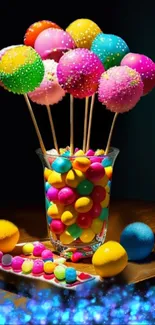 Vibrant display of colorful cake pops in a jar.