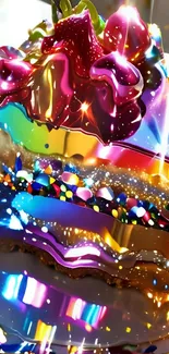 Vibrant and colorful cake slice with abstract design and sparkles.
