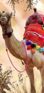 Colorful camel amidst beige desert background with intricate patterns.