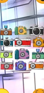 Colorful cameras and emojis on a light blue background.