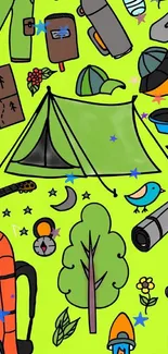 Camping gear and tent on vibrant green background wallpaper.