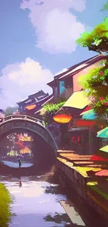 Colorful canal village with lush greenery and vibrant architecture.