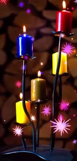 Colorful candles in artistic arrangement against a wooden background.