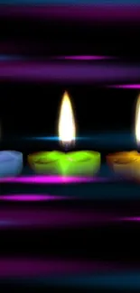 Colorful candles glowing against a dark background in a vibrant mobile wallpaper.