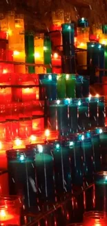 Colorful candle display with glowing lights.