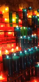 Colorful stacked candles glowing in vibrant hues of red, blue, and yellow.