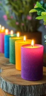 Colorful candles creating a peaceful ambiance on wood.