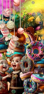 Colorful mobile wallpaper with candies, donuts, and playful kids.