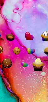 Vibrant abstract wallpaper with candy emojis and cupcakes on a pink background.