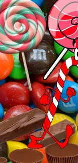 Vibrant mobile wallpaper with colorful candies and lollipops.