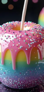 Colorful candy apple with pink glaze and sprinkles.
