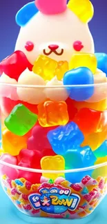 Cute bear with colorful gummies in a candy cup mobile wallpaper.