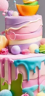 Colorful candy-themed cake with pastel layers.
