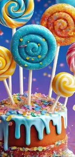 Vibrant candy cake with colorful lollipop decor.