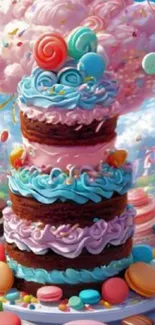 Colorful candy-themed cake with pastel clouds and macarons.