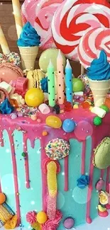 Colorful candy cake with vibrant decorations on wallpaper.