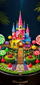 Vibrant candy castle with lollipops and colorful scenery.