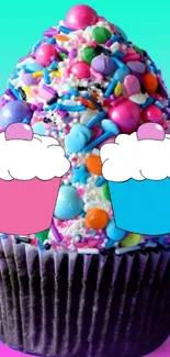 Colorful cupcake with candy sprinkles on a vibrant gradient background.