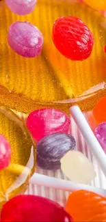 Vivid lollipops and candies in various colors for a cheerful mobile wallpaper.