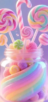 Jar of colorful pastel lollipops and candies for phone wallpaper.
