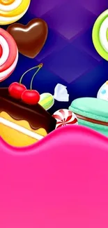 Vibrant candy-themed wallpaper with pink background.