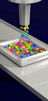 Multicolored candies dispensed into a white tray on a machine.