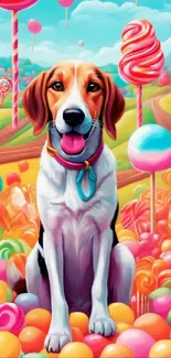 Happy dog in vibrant candyland setting, colorful mobile wallpaper.