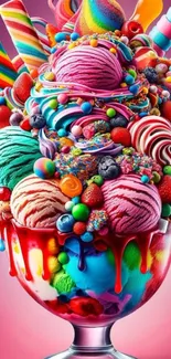 Colorful candy and ice cream explosion in a glass bowl.