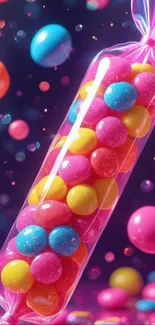 Colorful candy balls floating in a vibrant mobile wallpaper.