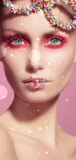 Model with candy accents and pink background wallpaper.