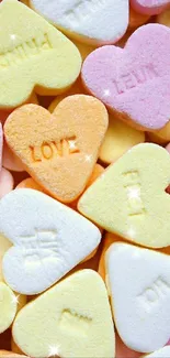 Colorful candy hearts with playful love messages.