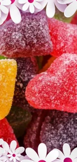 Colorful sugar-coated gummy heart candies with floral border.