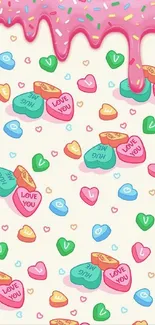 Playful candy heart wallpaper with pink frosting and love messages.