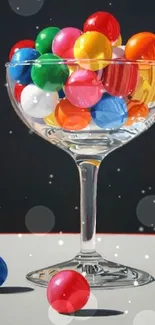 Glass filled with colorful gum balls, set on a dark background.