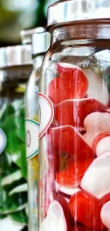 Jars filled with colorful heart-shaped candies.