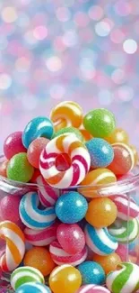 Vibrant jar of colorful candies with bokeh background.