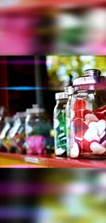 Colorful jars filled with heart-shaped candies creating a vibrant display.