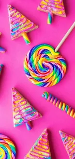 Colorful candy-themed phone wallpaper with pink background.