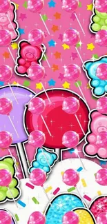 Candy-themed colorful wallpaper with lollipops, gummy bears, and stars.