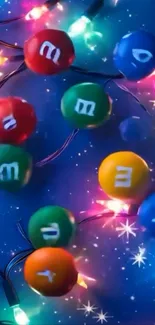 Colorful candy-themed wallpaper with bright, festive lights.