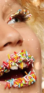 Close-up of lips with colorful candy sprinkles, artistic design.