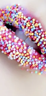 Close-up of lips with colorful candy sprinkles.