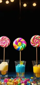Colorful lollipops in glasses under lights.